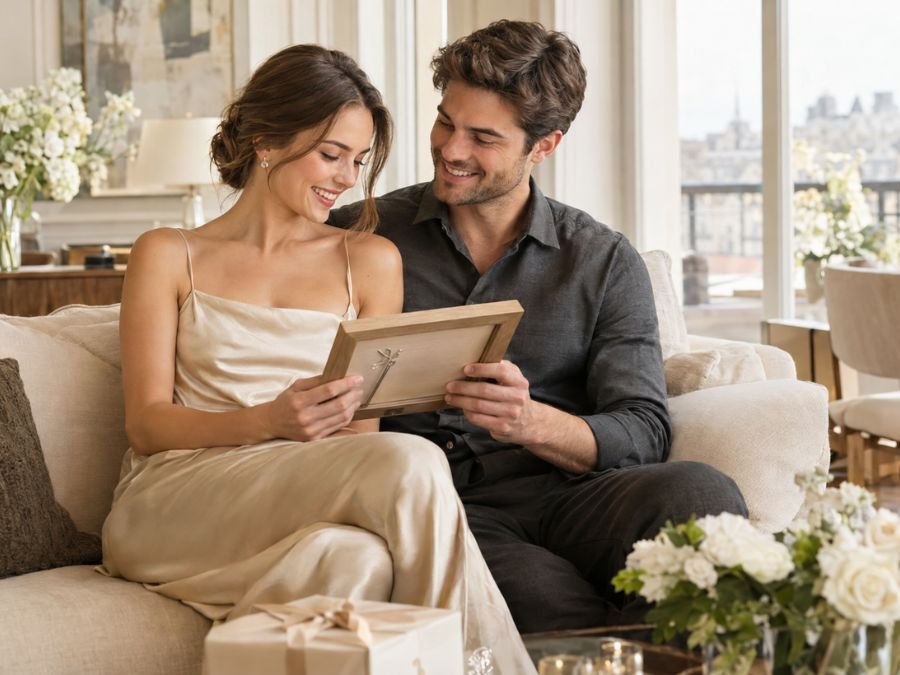 Newlywed couple admiring a personalized wedding gift