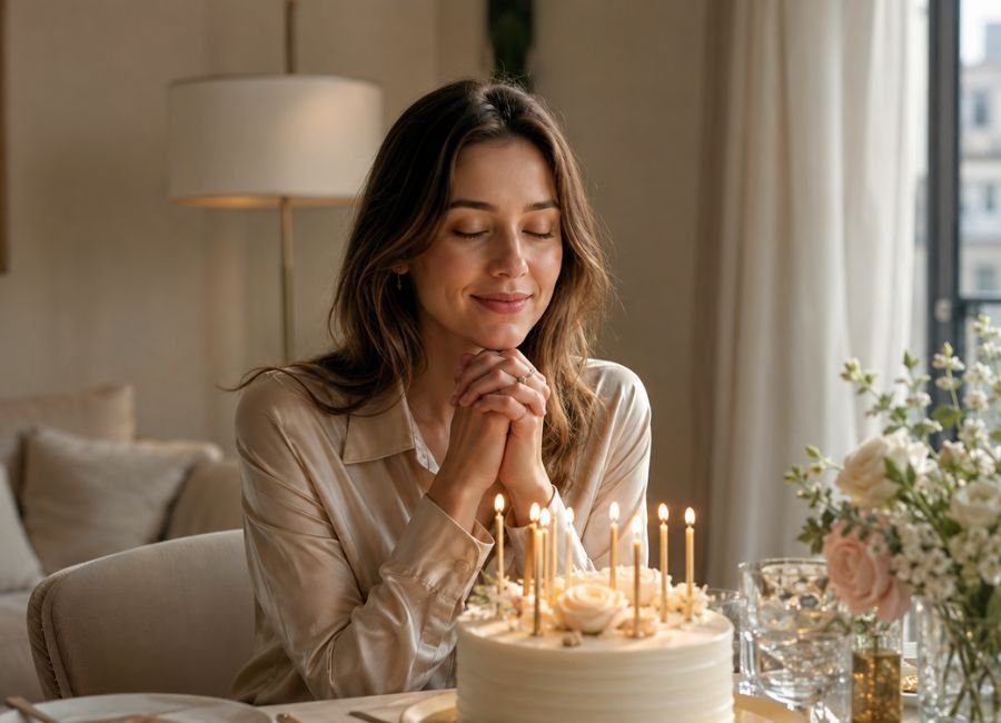 British woman making a wish beside a birthday cake with candles
