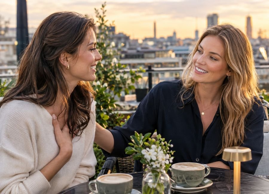 Friends warmly responding to words of appreciation