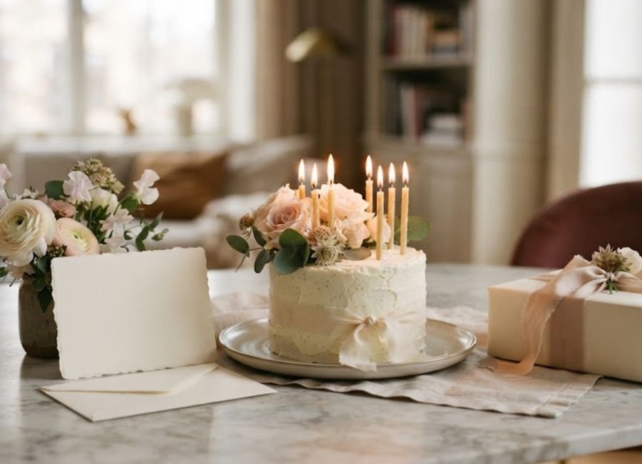 Elegant birthday card with cake and flowers
