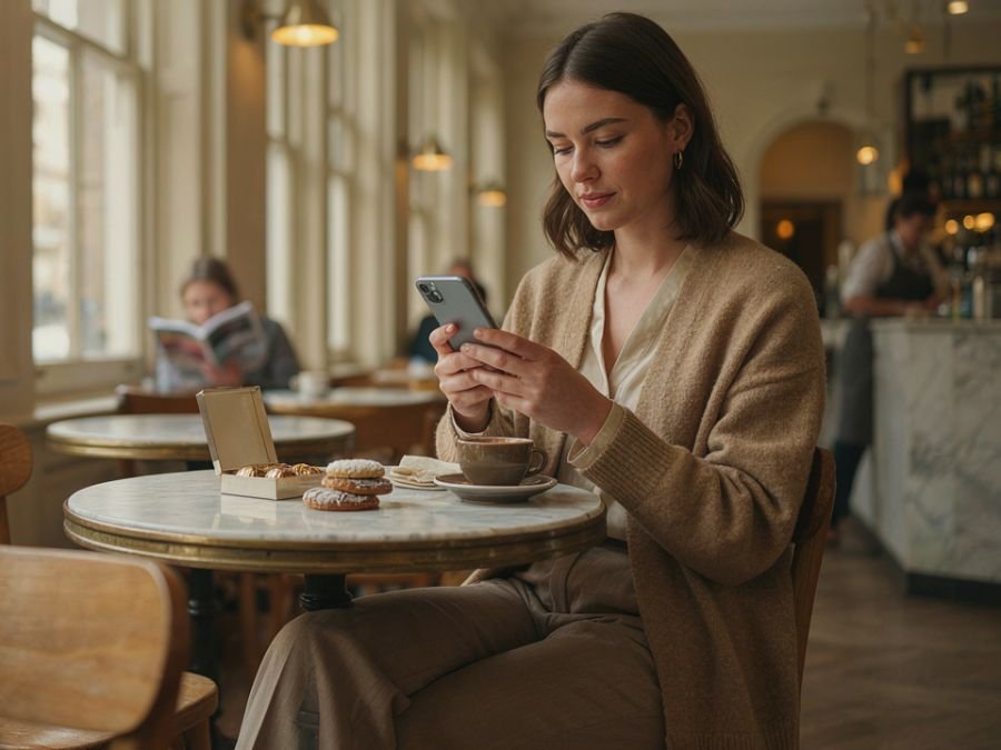 Woman sending a short thank-you text after receiving sweets