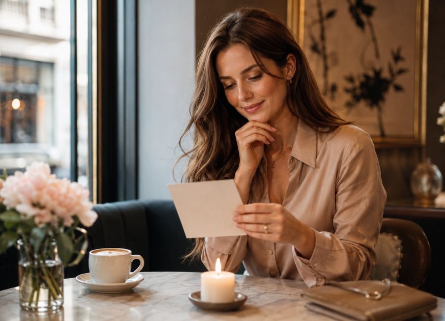 Woman holding a card while making a quiet wish