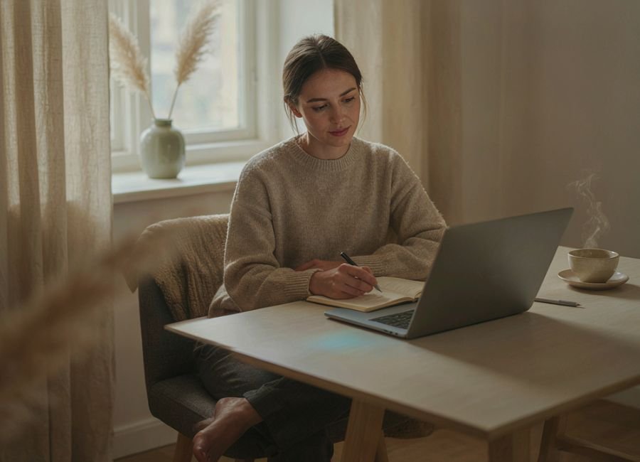 Woman writing a follow-up work email in a bright home office
