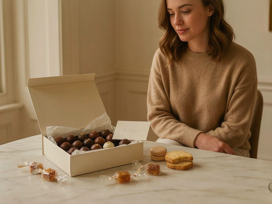 Box of assorted chocolates and cookies on a marble table