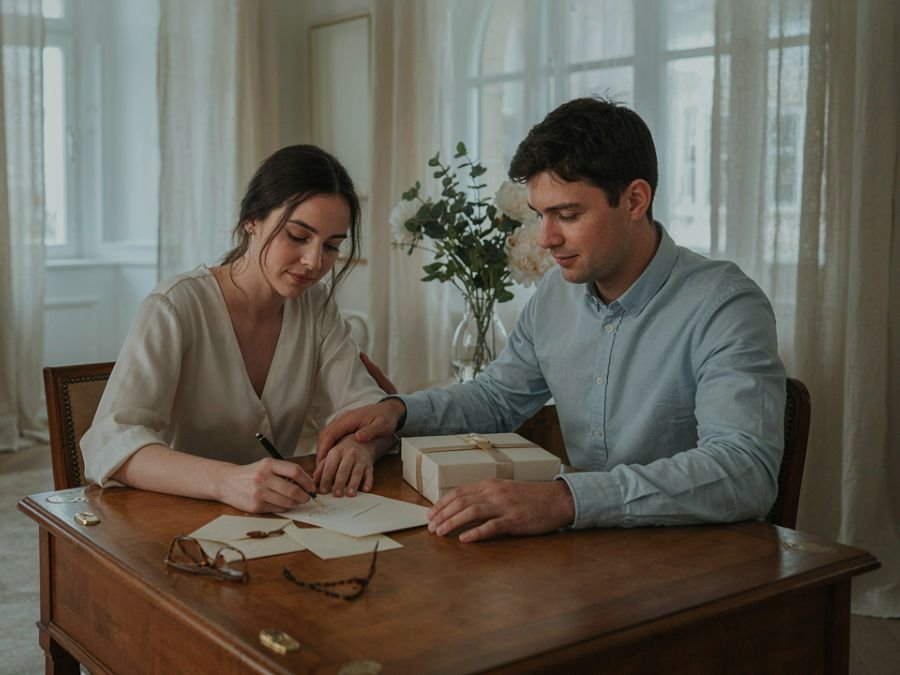 Newlywed couple writing a thank-you card for a generous wedding gift