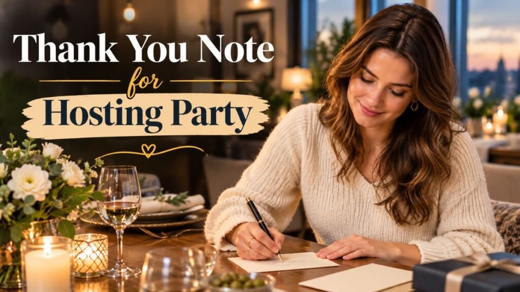 British woman writing a thank you note after a party