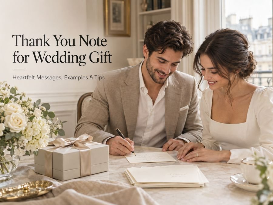 Newlywed couple writing a handwritten card beside wedding presents