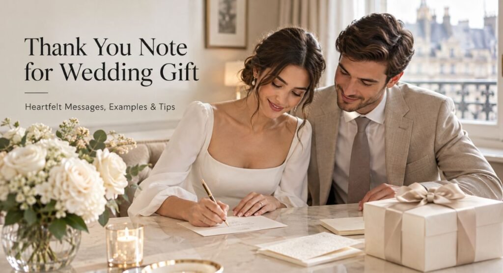 Elegant wedding couple writing a thank you note for a wedding gift