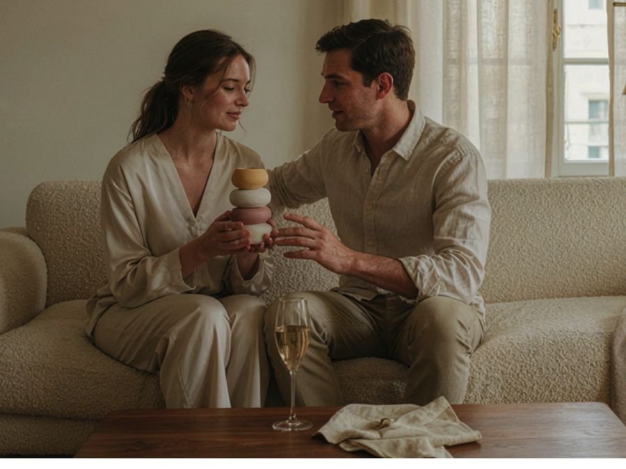 Couple politely appreciating an unusual wedding gift