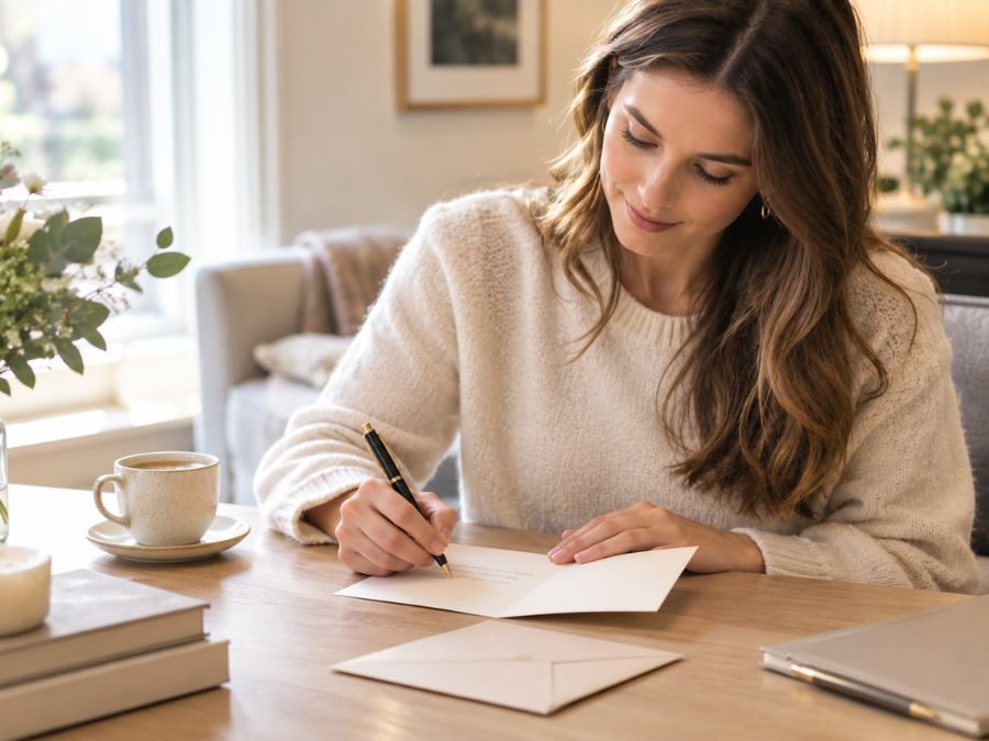 Writing a personal thank-you message in a greeting card